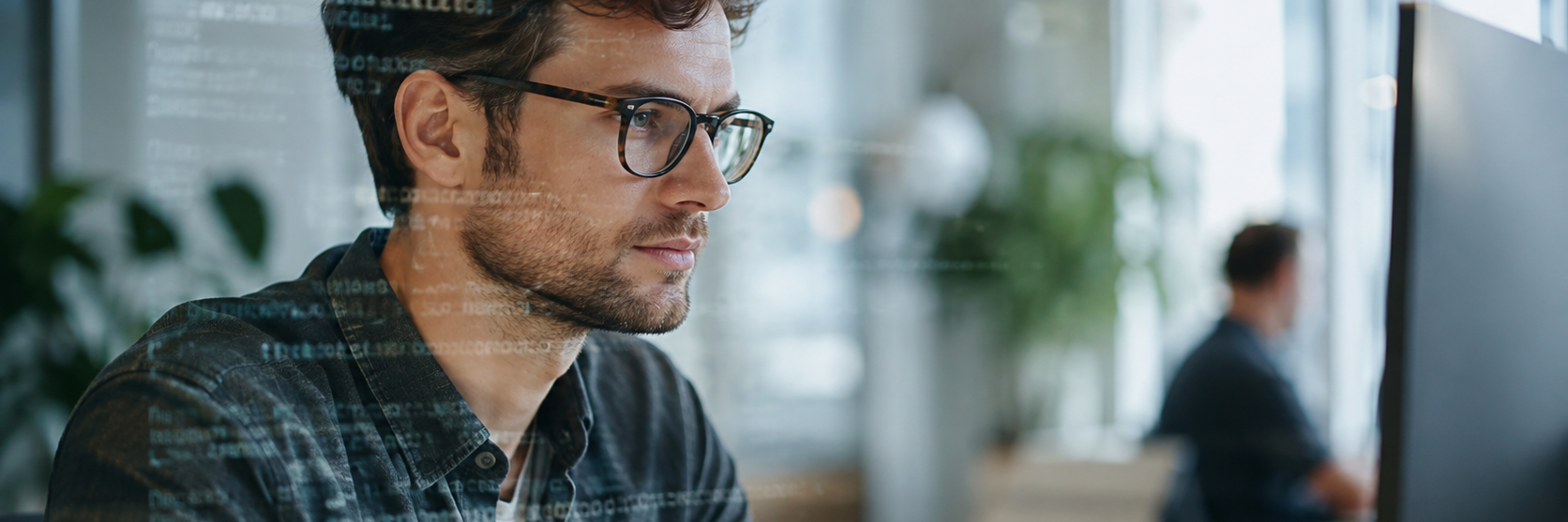 IT-professional aan het werk met softwarecode op een beeldscherm