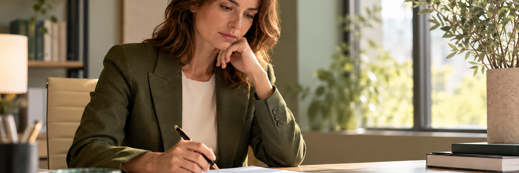 Zakelijke professional denkt na over de formulering van algemene voorwaarden terwijl zij met een pen boven een document zit.