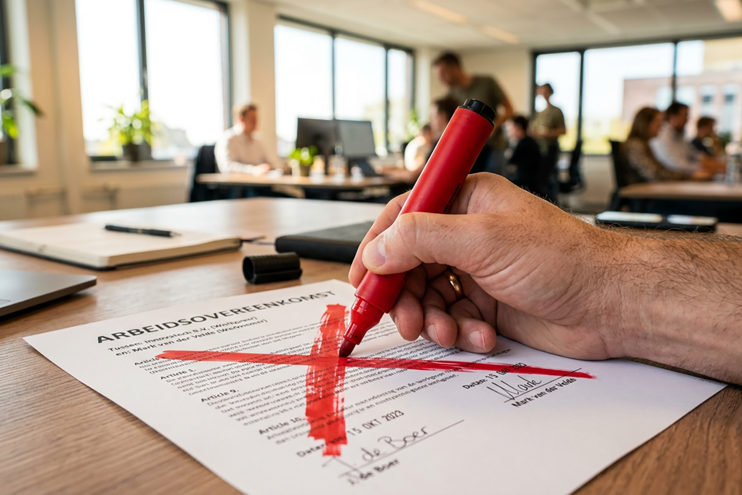 Close-up van een hand van een werkgever die een getekend arbeidscontract doorstreept met een rode stift. De afbeelding symboliseert de juridische beëindiging van een overeenkomst nog voordat de werknemer is begonnen.