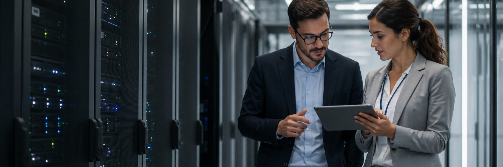 Twee professionals bespreken een overname in een datacenteromgeving, met aandacht voor digitale infrastructuur en de Wet Vifo