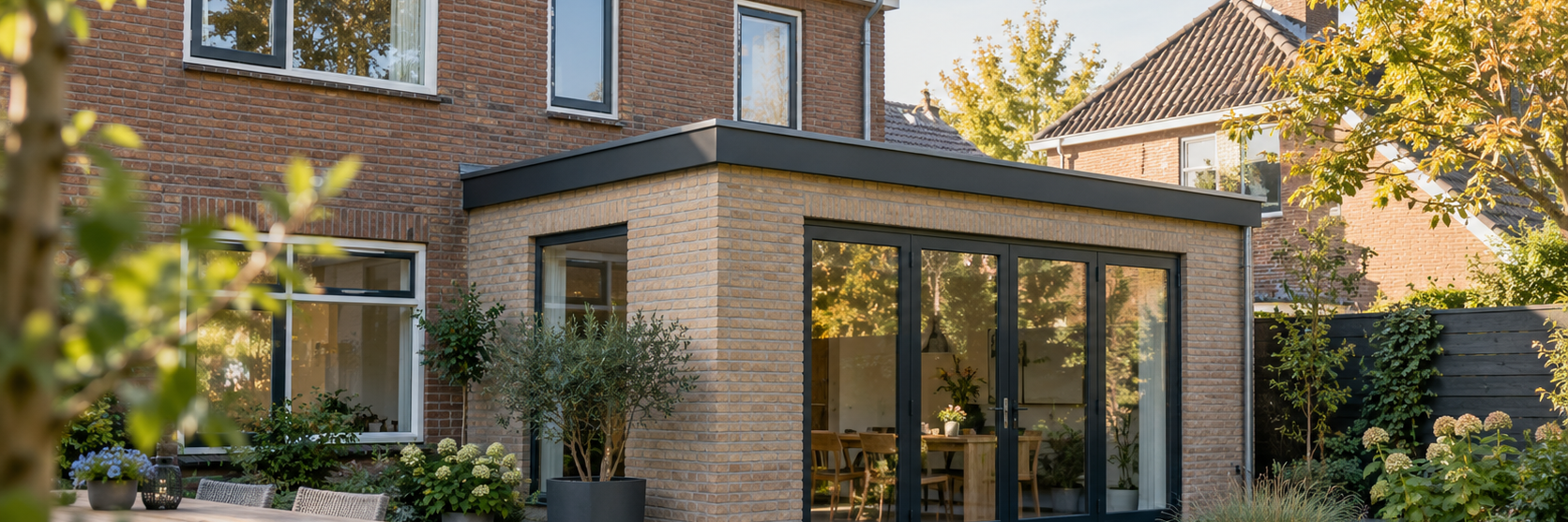 Nederlandse woning met een moderne aanbouw aan de achterzijde, mogelijk gebouwd zonder vergunning.