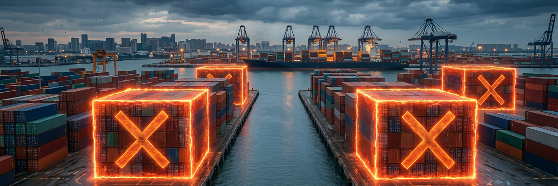Een internationale containerhaven waarin specifieke vrachtcontainers zijn gemarkeerd met een gloeiend oranje kruis, wat symbool staat voor het blokkeren van transporten door de sanctiewetgeving.
