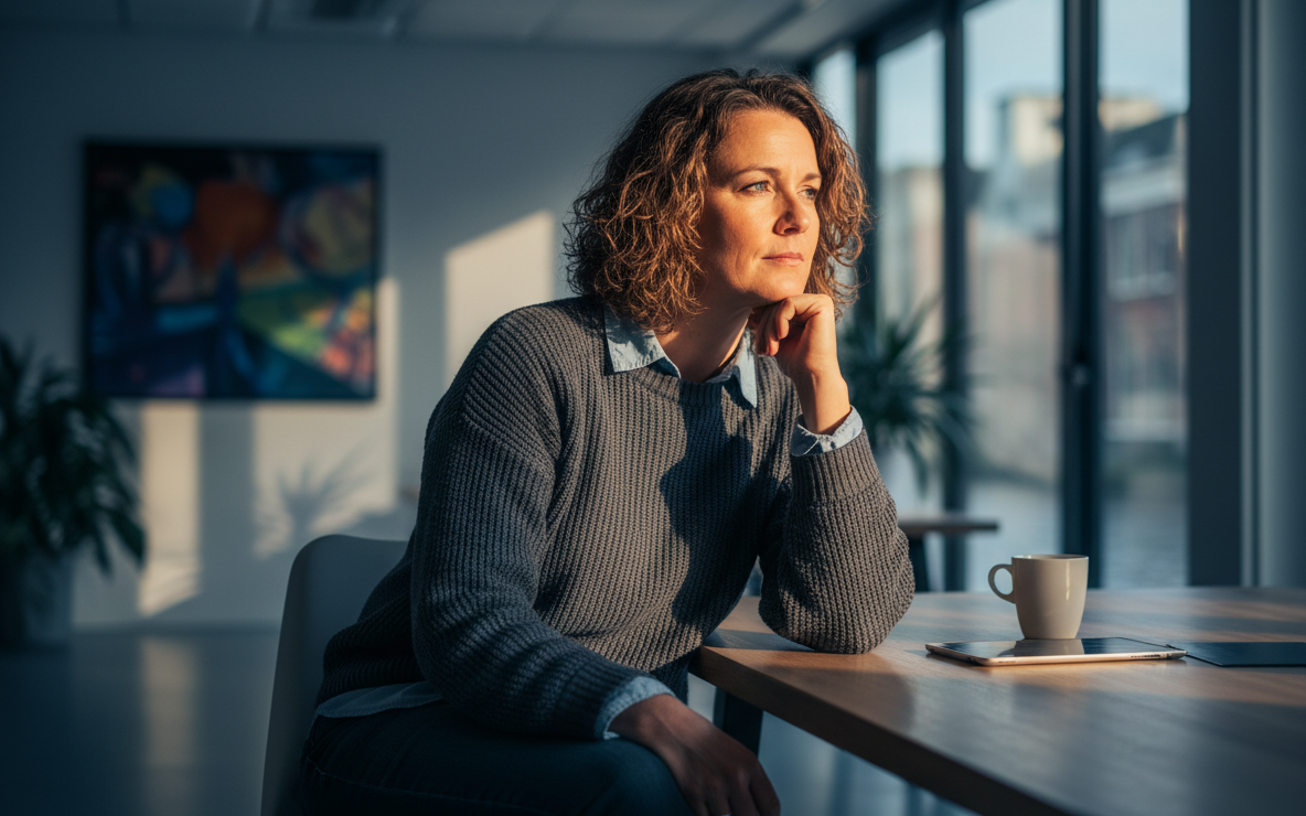 Vrouwelijke ondernemer in scheiding denkt na over bedrijfswaardering