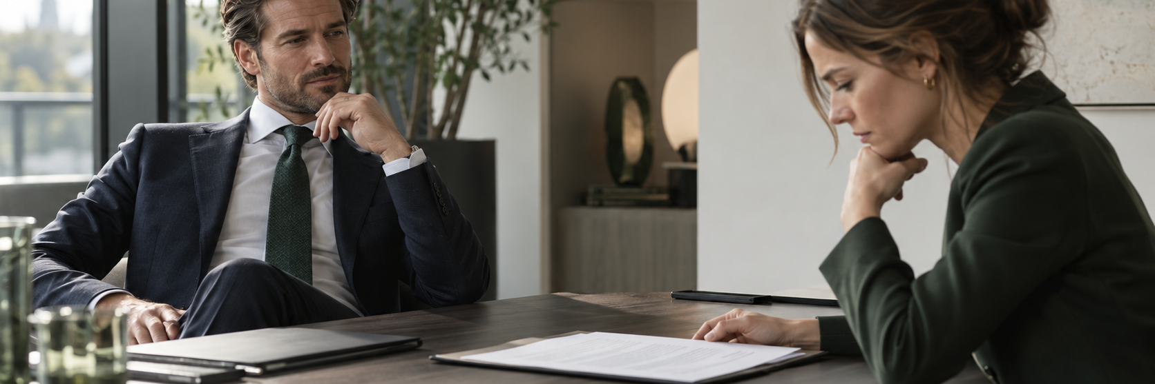 Twee ondernemers bespreken een overeenkomst, waarbij één van hen kritisch de algemene voorwaarden beoordeelt op mogelijk onredelijk bezwarende bepalingen.