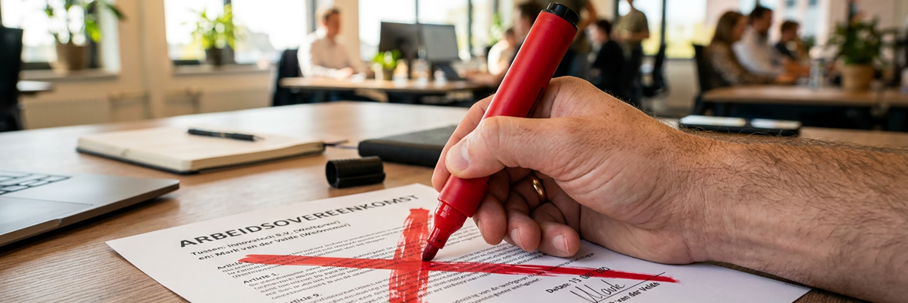 Close-up foto van een hand van de werkgever die met een dikke rode marker een groot rood kruis zet door het arbeidscontract