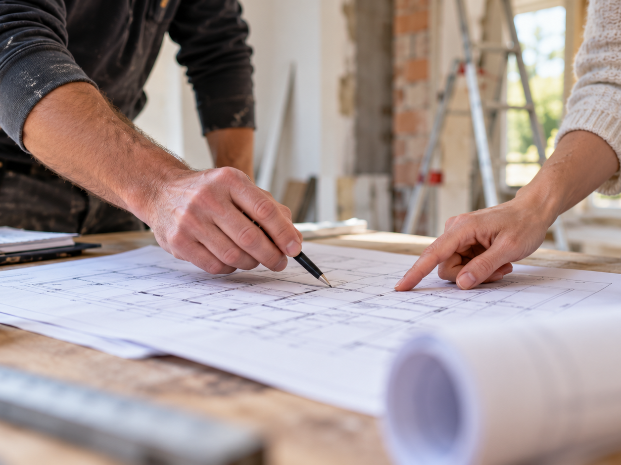 Aannemer en particuliere opdrachtgever bekijken bouwtekeningen tijdens een woningverbouwing en bespreken de werkzaamheden.