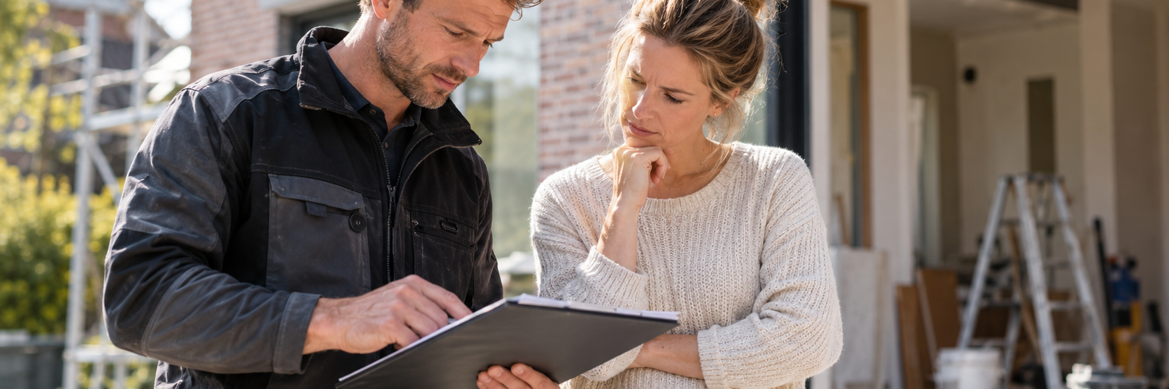 Aannemer bespreekt een offerte en werkzaamheden met een particuliere opdrachtgever bij een woning in verbouwing.