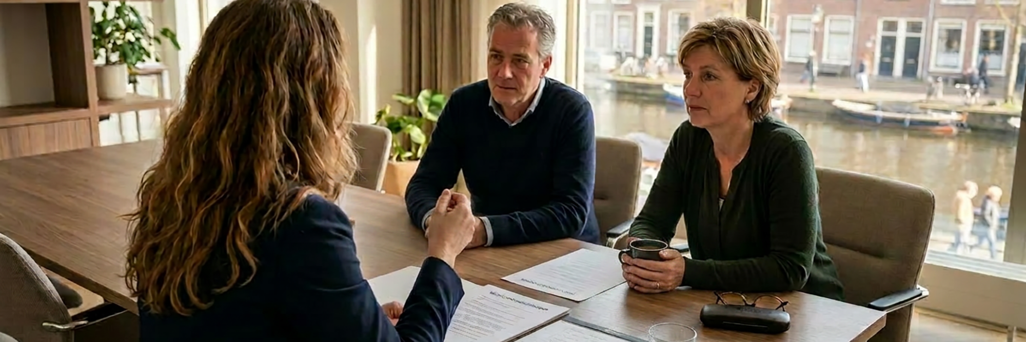 Een stel op leeftijd zit aan een vergadertafel tegenover een advocaat-mediator voor hun scheidingsmediation.