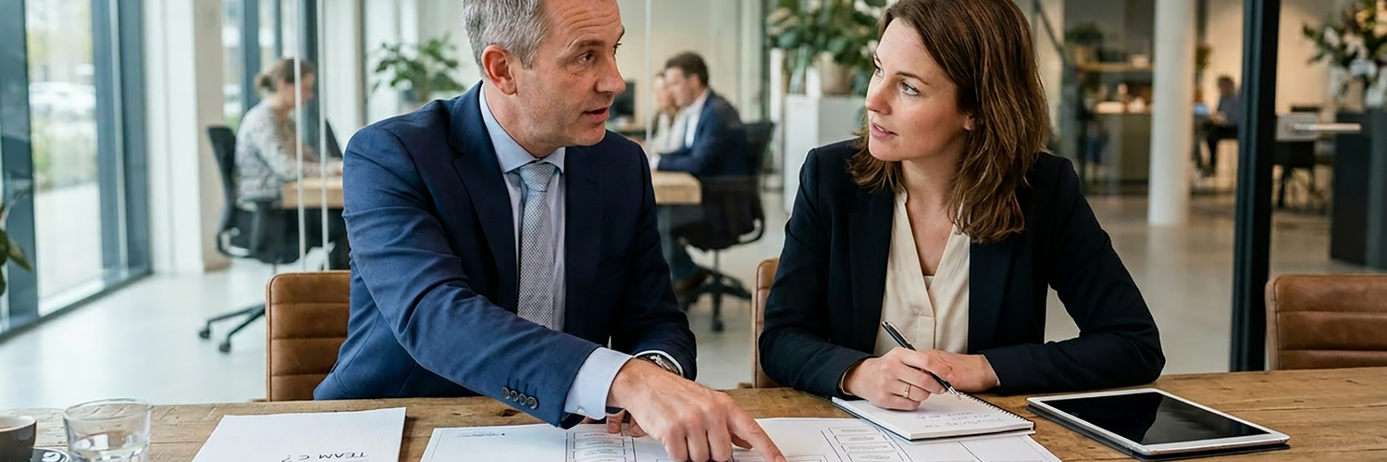 Een werkgever en werknemer in gesprek over de herplaatsingsplicht tijdens een ontslagtraject