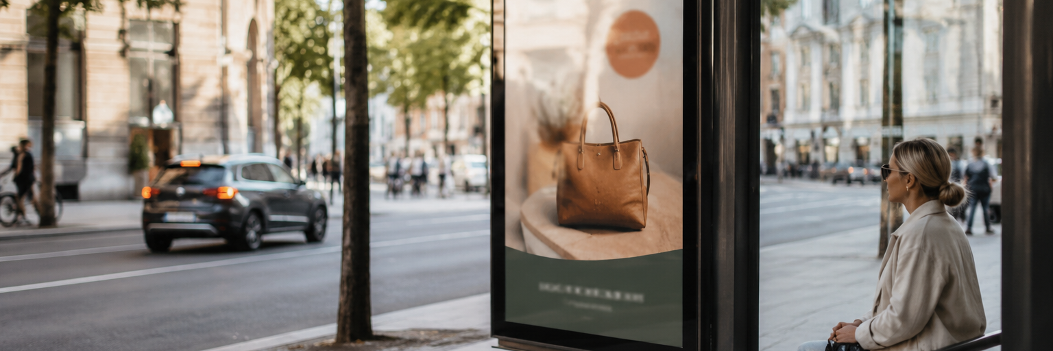 Persoon bekijkt een reclame-uiting in een bushokje