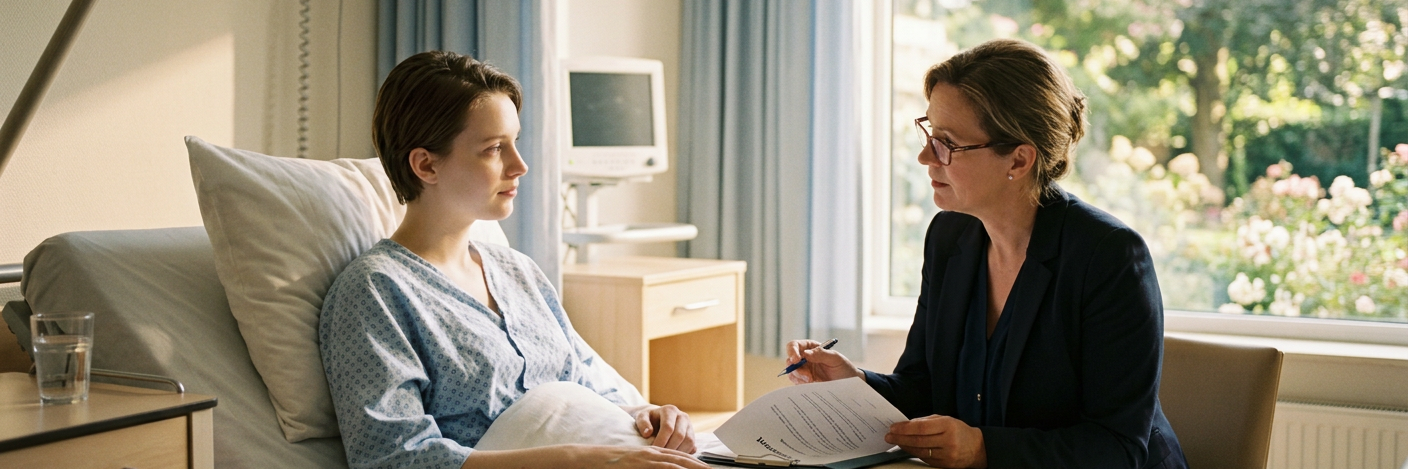 Vrouw in ziekenhuisbed bespreekt testament met notaris vlak voor overlijden
