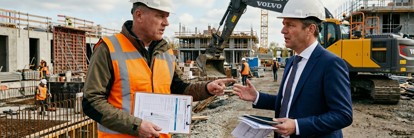 Bestuurlijke handhaving op de bouwplaats: een toezichthouder in gesprek met een ondernemer over een handhavingsbesluit of last onder dwangsom.