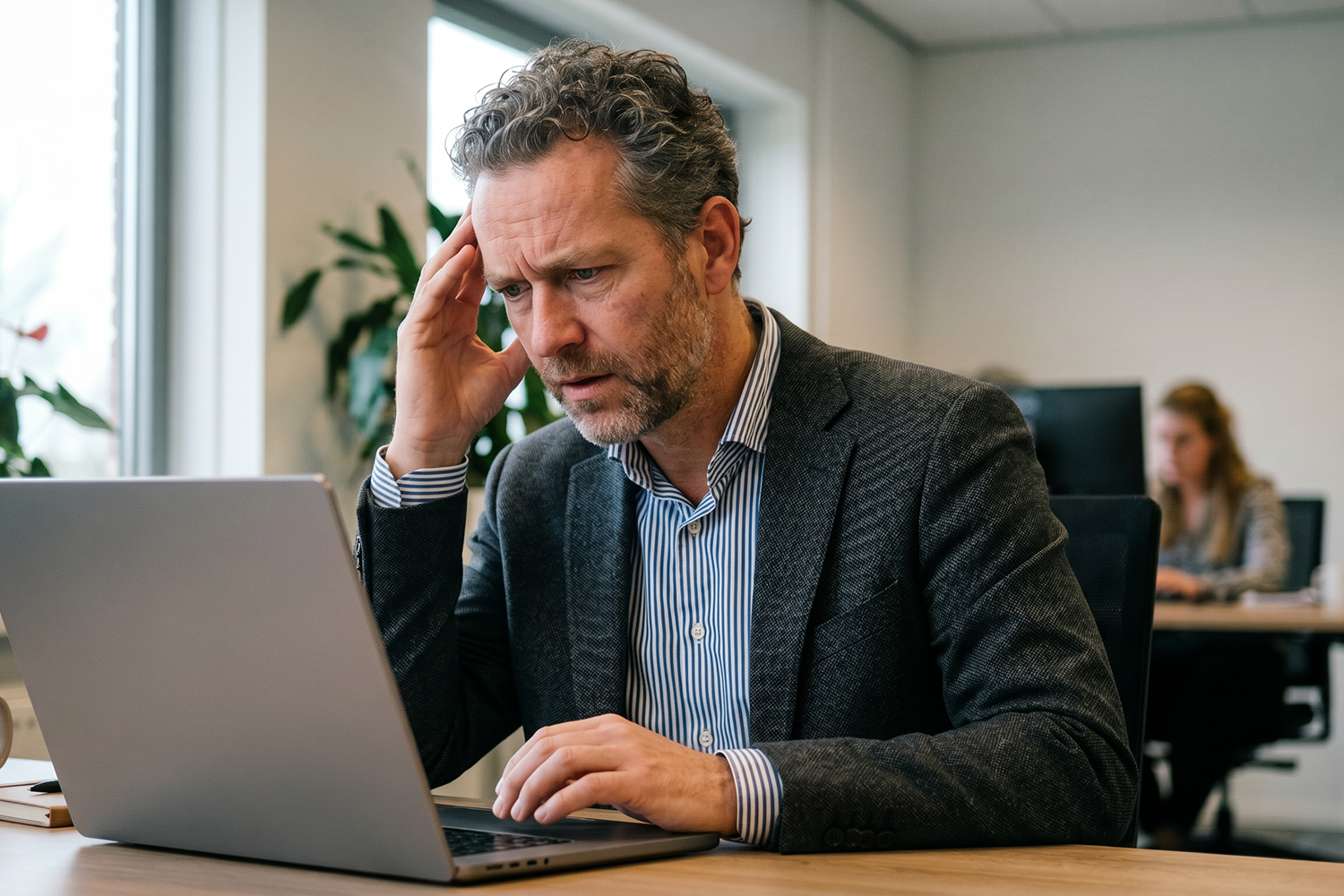 Bezorgde ondernemer achter laptop over de financiële gevolgen van langdurig zieke werknemers en de transitievergoeding.